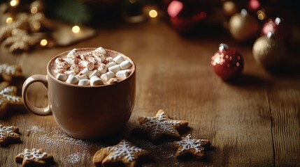 Fototapeta premium Hot chocolate with marshmallows and festive decor 