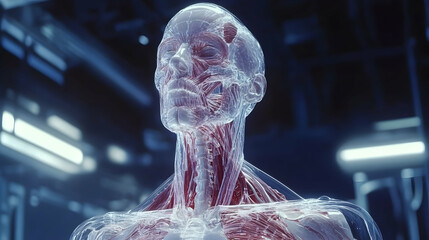 A transparent human head with visible internal structures, illustrating advanced medical imaging techniques and futuristic approaches in anatomical visualization.

