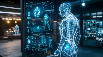 A digital holographic display of a human body in a futuristic medical lab, representing AI-driven diagnostics, real-time health monitoring, and advanced healthcare technology.

