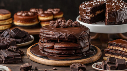 A collection of sweet treats including chocolate pancakes, cheesecakes, and chocolate cake.