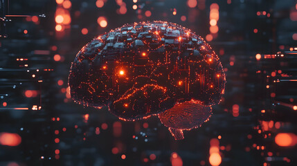 A futuristic cybernetic brain, glowing with digital signals and artificial intelligence-enhanced processing, representing AI-driven neuroscience, brain augmentation, and cognitive research.

