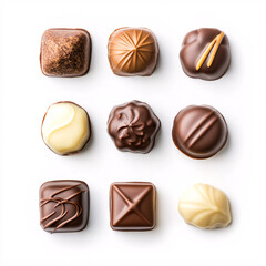 Obraz premium various chocolate candies on a white surface isolated closeup top view high quality