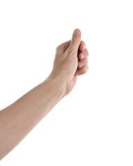 Young adult left man hand hold something isolated on white