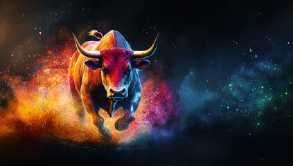 Fototapeta premium Powerful Bull Running Through Colorful Dust