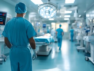 A medical professional in scrubs stands in a modern surgical room, preparing for a procedure among advanced equipment and a sterile environment.