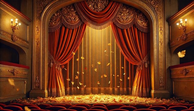 Grand Ornate Theater Stage with Autumnal Ambiance and Luxurious Velvet Curtains. Generative Ai