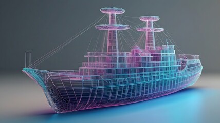 Ship Boat in Hologram Wireframe Style.