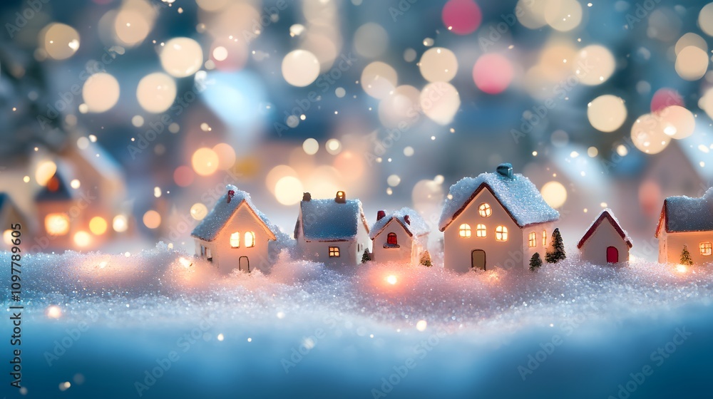 Poster a winter village scene with snow-covered rooftops and colorful lights, creating a magical atmosphere