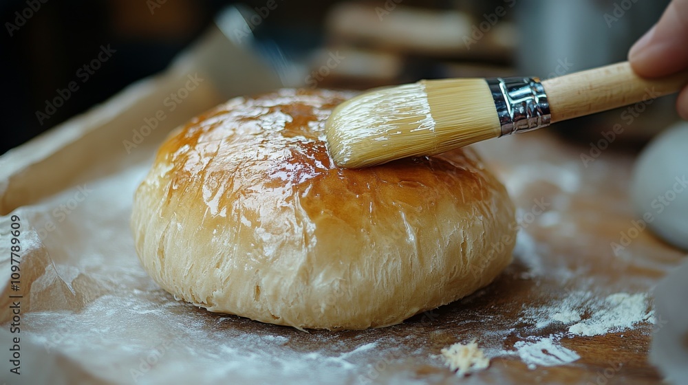 Poster close-up of a hand brushing a shiny glaze on a freshly baked bread loaf. the golden crust and soft t