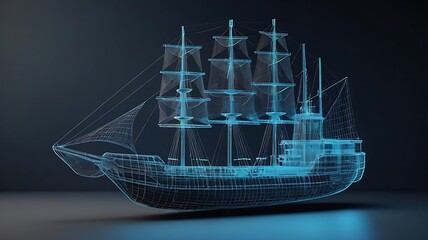 Ship Boat in Hologram Wireframe Style.