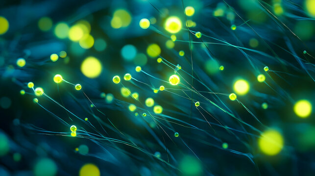 An artistic representation of neural signals, with glowing yellow-green synaptic nodes forming a network of interconnected neurons. This futuristic visualization explores the intersection of artificia