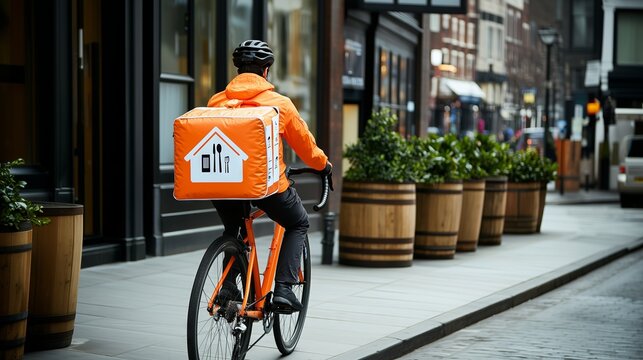 Deliveryman riding bicycle delivering food in city