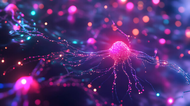 A vibrant neural network with glowing pink and blue synapses, emphasizing the connection between artificial intelligence, deep learning, and neuroscience.

