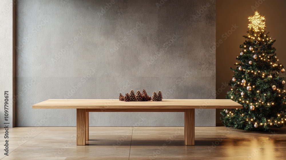 Poster a wooden table with pine cones on it sits in front of a christmas tree