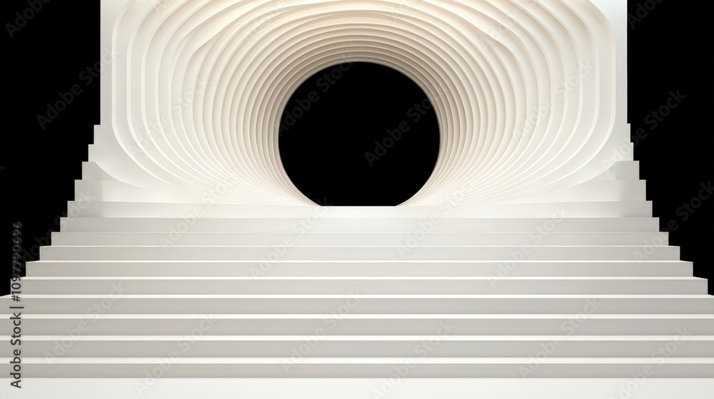 Poster abstract white staircase leading to circular tunnel modern architecture 3d render