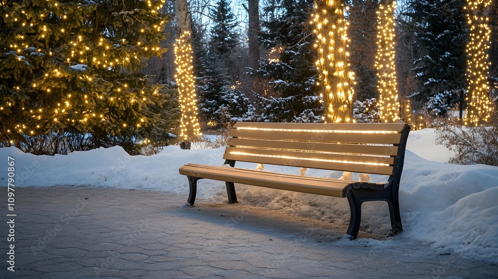 Poster a snowy bench in a park, surrounded by pine trees and soft christmas lights, with empty space on the