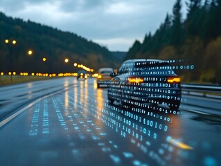 A digital car traveling on a wet road, surrounded by binary code, symbolizes the intersection of technology and transportation.