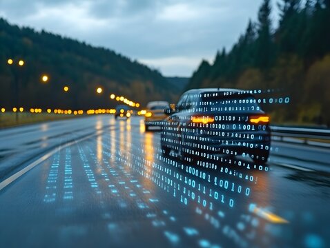 A digital car traveling on a wet road, surrounded by binary code, symbolizes the intersection of technology and transportation.