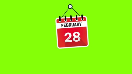 February 28 Calendar Sign on green screen background, chroma key. Calendar Pendulu Animation - February 28. 4k graphic motion