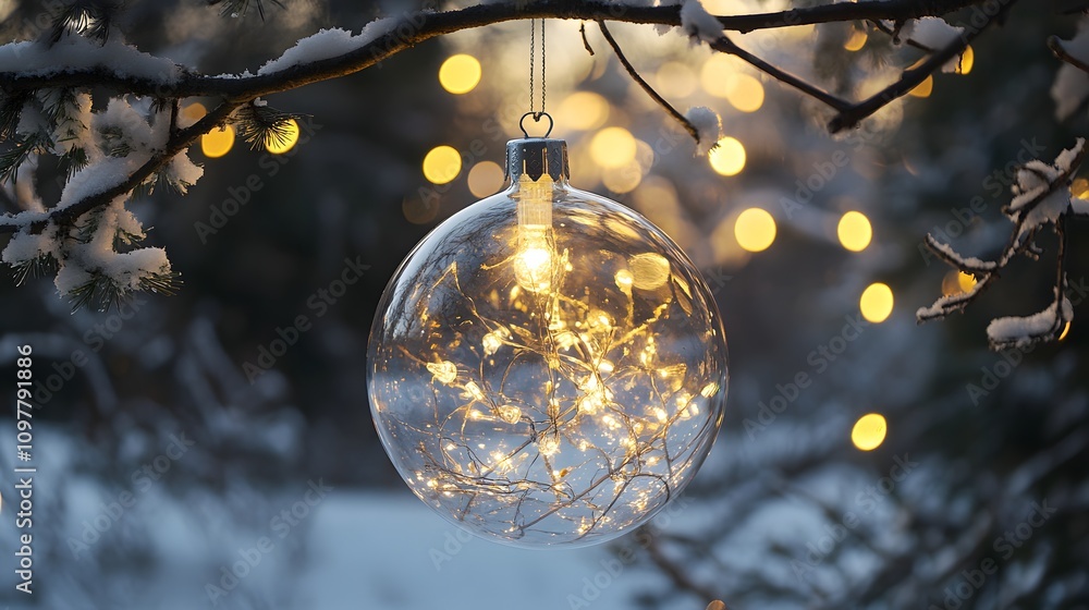 Poster a glass ornament hanging from a tree, reflecting the lights and snow outside. the background is soft