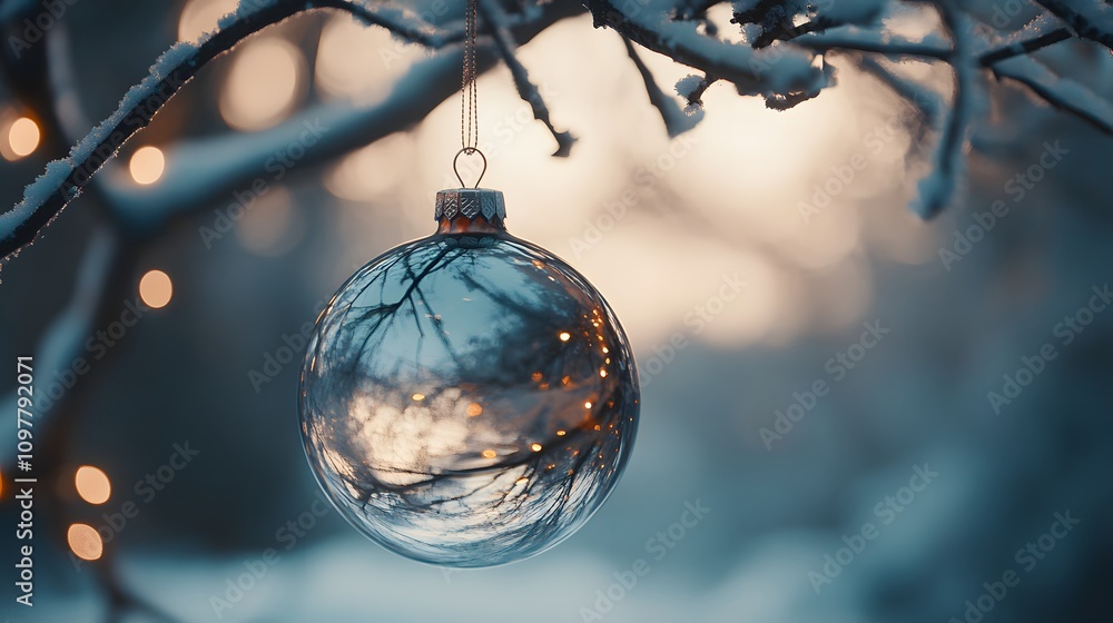 Poster a glass ornament hanging from a tree, reflecting the lights and snow outside. the background is soft