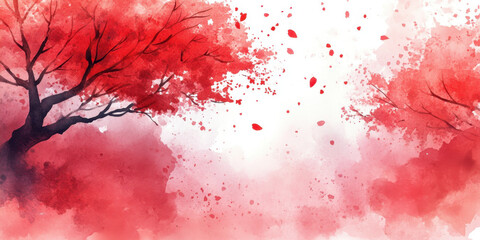 Chinese style painting. A serene landscape featuring vibrant red trees and falling petals, creating a dreamy, watercolor effect.