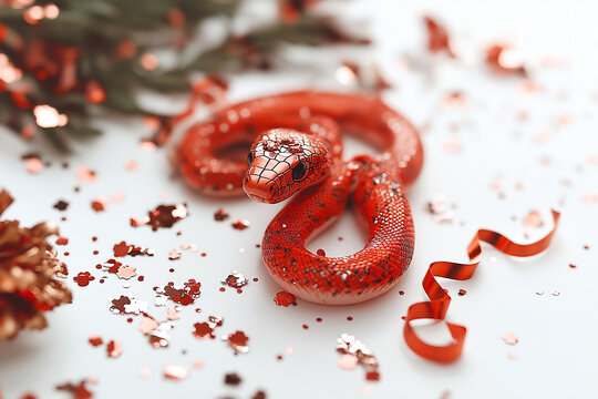 red cute snake near the Christmas tree on a white background
