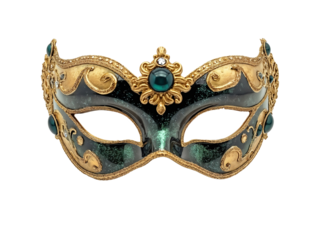 Green carnival eye mask with golden details and jewels.  On transparent background.  
