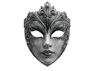 Black and white carnival mask with floral design on transparent background.