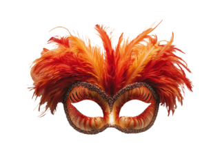 Carnival mask with red and orange feathers. On transparent background.  The feathers are very colorful and the mask is very ornamented.