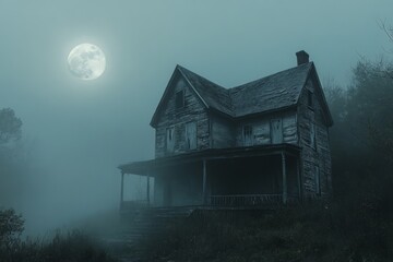 Spooky haunted house surrounded by fog with a full moon in the background at night