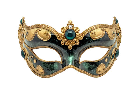 Green carnival eye mask with golden details and jewels.  On transparent background.  