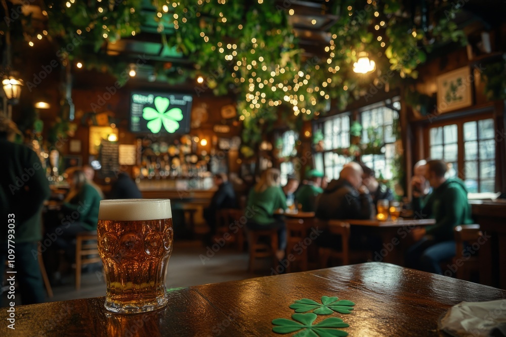 Wall mural Glass of beer with shamrocks celebrating saint patrick's day in a traditional irish pub