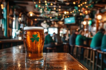 Cold pint of irish beer with shamrock celebrating saint patrick's day in a traditional irish pub