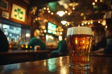 Cold pint of irish beer with shamrock celebrating saint patrick's day in a traditional irish pub