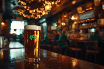 Cold pint of irish beer with shamrock celebrating saint patrick's day in a traditional irish pub