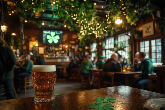 Glass of beer with shamrocks celebrating saint patrick's day in a traditional irish pub