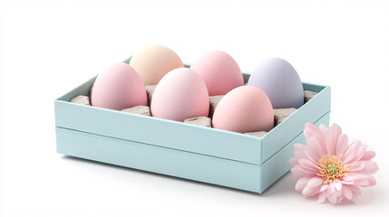 pastel pink and blue easter eggs in a gift box with a delicate flower on a white background