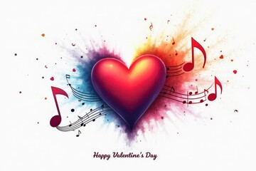 Musical Valentine Heart. Colorful illustration of red heart with musical notes on exploding watercolor background.