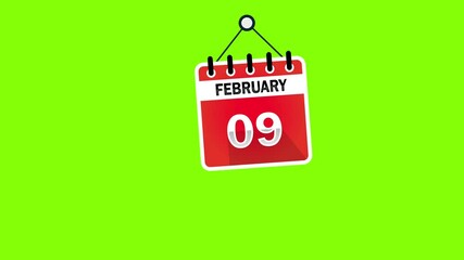 February 09 Calendar Sign on green screen background, chroma key. Calendar Pendulu Animation - February 09. 4k graphic motion