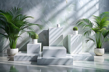 vibrant vivid White, rectangular stone slabs form a simple, clean product display podium. Suitable for showcasing cosmetic products or packaging