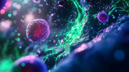 A high-resolution microscopic image of immune cells glowing in green and purple, symbolizing AI-powered immunology research, futuristic medicine, and biotechnology advancements.


