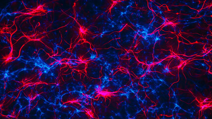 A digital rendering of a neural network with blue and red illuminated synapses, representing AI-powered cognitive mapping, deep learning, and futuristic intelligence networks.

