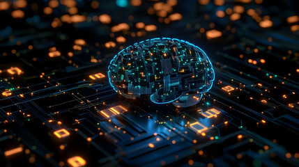 A semi-transparent cybernetic brain illuminated with golden digital signals, illustrating AI-driven cognitive automation, deep learning, and artificial intelligence-powered decision-making.

