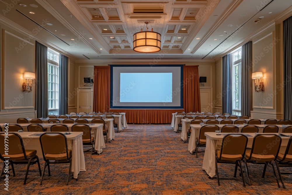 Poster empty conference room setup for a presentation, featuring rows of tables, chairs, and a large projec