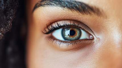 Obraz premium A close-up shot of a Black woman's eye, showing its natural beauty and unique features. There's space for text around the eye.