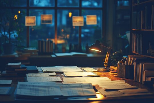 Warm light illuminates a desk cluttered with papers and books, creating a cozy atmosphere for evening study