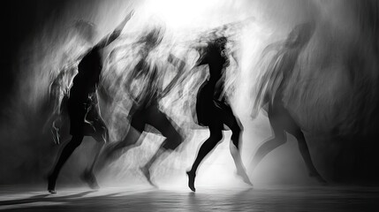 Four dancers in flowing motion, creating a dynamic and ethereal atmosphere with blurred movement...