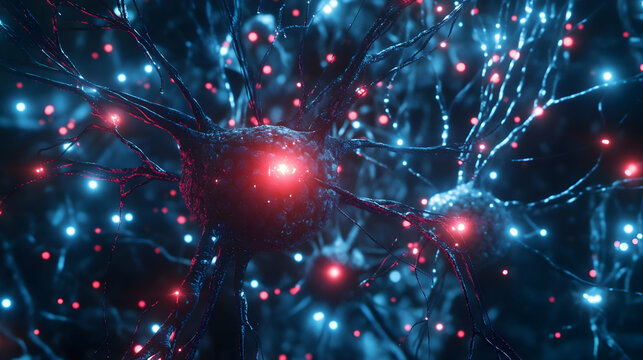 A close-up of a highly active neuron with illuminated red and blue synapses. The complex branching structure represents the intricate nature of brain activity and advanced AI-driven cognitive research