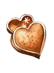 Gingerbread, ginger heart cookies. Watercolor hand drawn Christmas illustration. New Year holiday decor. Winter traditional cookie with ornament.